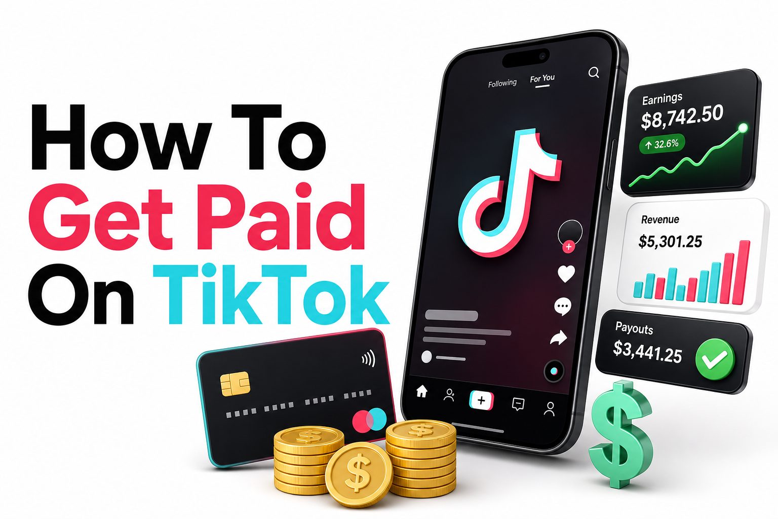 how-to-get-paid-on-tiktok-e935 Smartphone showing a TikTok creator dashboard with earnings and payment icons